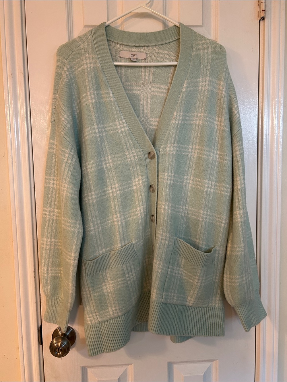 LOFT Mint Plaid V-Neck Button Cardigan